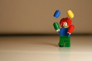 Juggling lego clown says working on multiple things is good