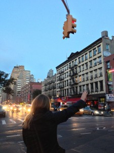 My friend hailing us a cab