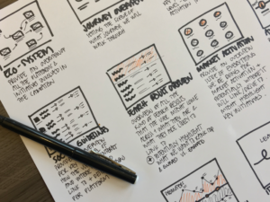 Picture of a storyboard I did a long time ago of UX/ experience planning deliverables and slides we should include in a client presentation