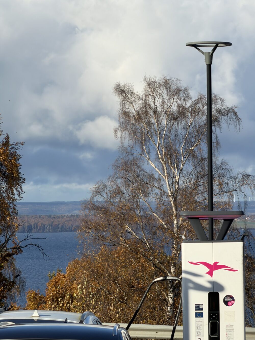 Picture from our charging spot overlooking the lake Vättern by Gränna